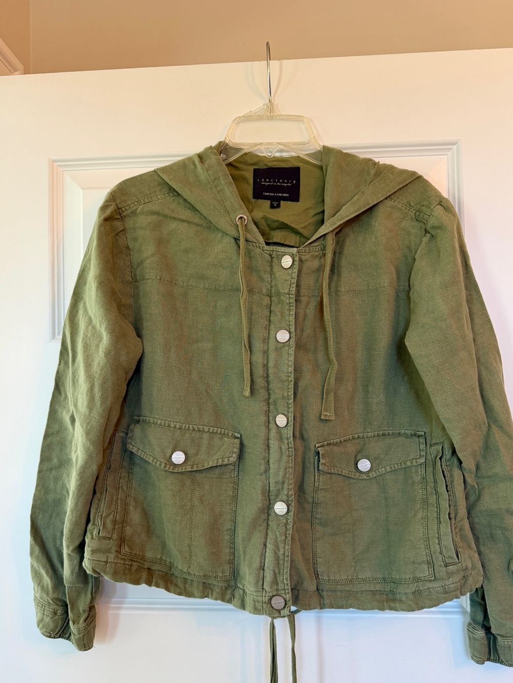 Sanctuary Anthropologie Olive Green Hooded Linen Utility Jacket